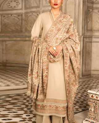 3PC Embroidered Dhanak Suit with Heavy Embroidered Shawal -GA102138