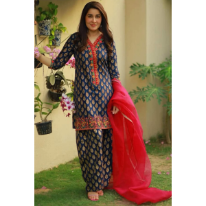 Luxury Printed Embroidered Lawn 3pc with Embroidered Organza Dupatta -GA1726