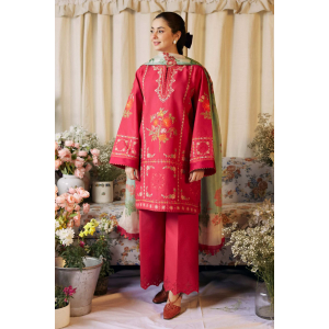Embroidered Lawn 3pc with Printed Slub Net Dupatta- GA1904