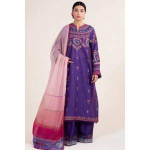 Embroidered Dhanak 3pc with Printed Shawal- GA1974