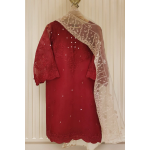 Heavy Embroidered  with Mirror Work  organza dupatta-GA10191