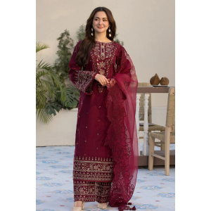 3PC Lawn Embroidered Shirt with Embroidered Organza Dupatta- GA2036