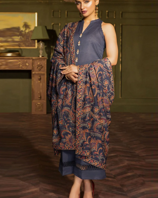 3PC Embroidered Dhanak Suit with Heavy Embroidered Shawal -GA102135 3PC Embroidered Dhanak Suit with Heavy Embroidered Shawal -GA102135