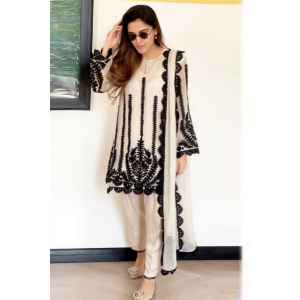 Offwhite Black Heavy Embroidered  3pc organza dupatta-GA10189