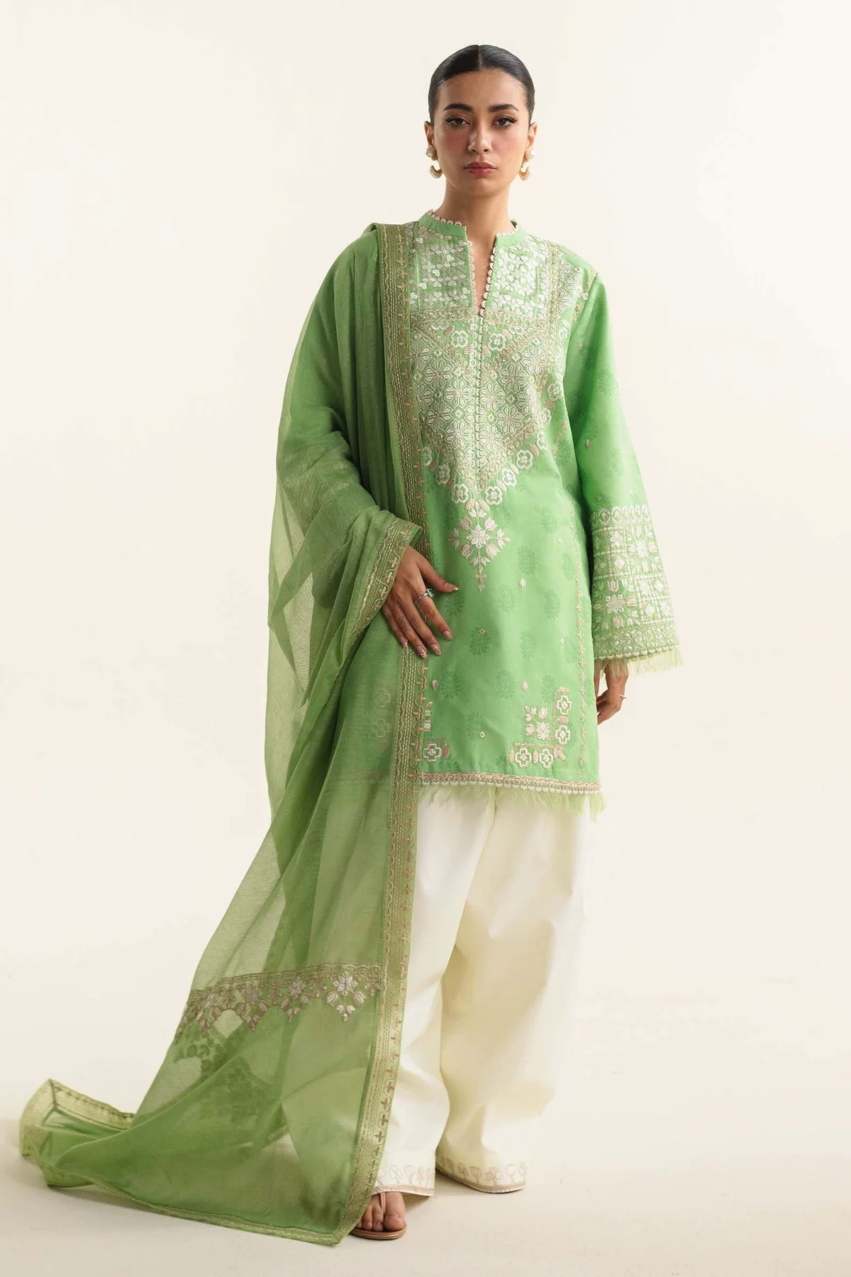 Embroidered Lawn 3pc with Printed Slub Net Dupatta- GA1905