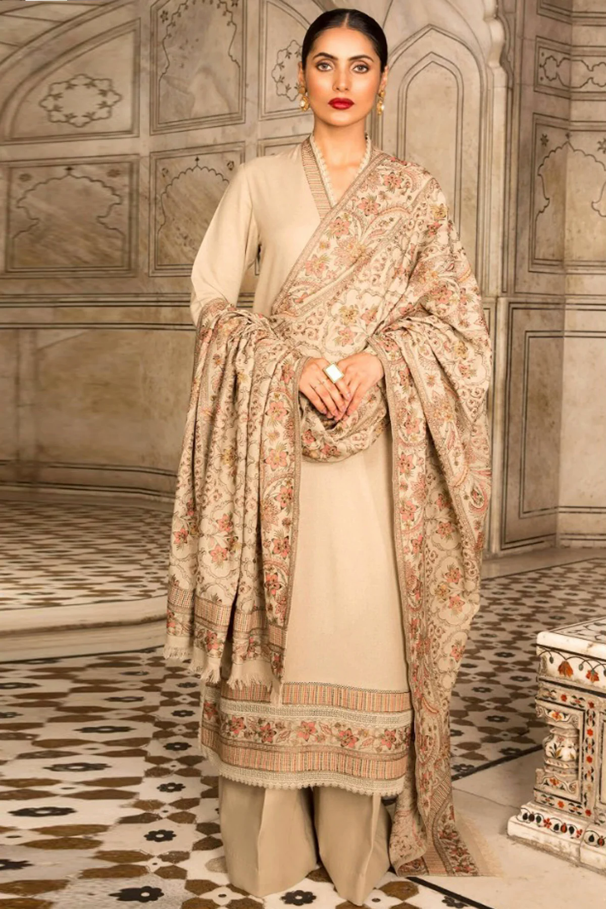 3PC Embroidered Dhanak Suit with Heavy Embroidered Shawal -GA102138