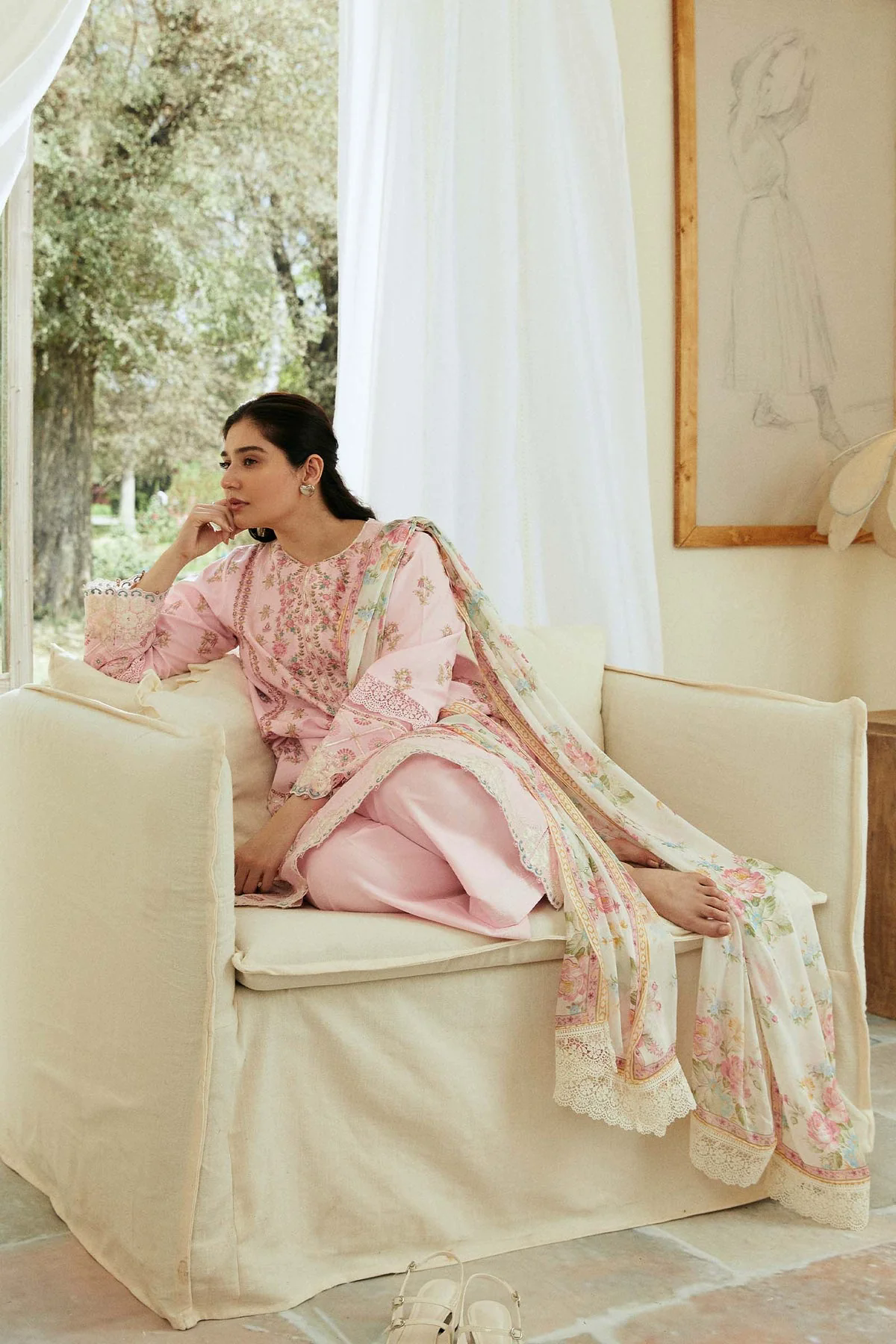 Embroidered Lawn 3pc with Silk Printed Chiffon Dupatta - GA1886