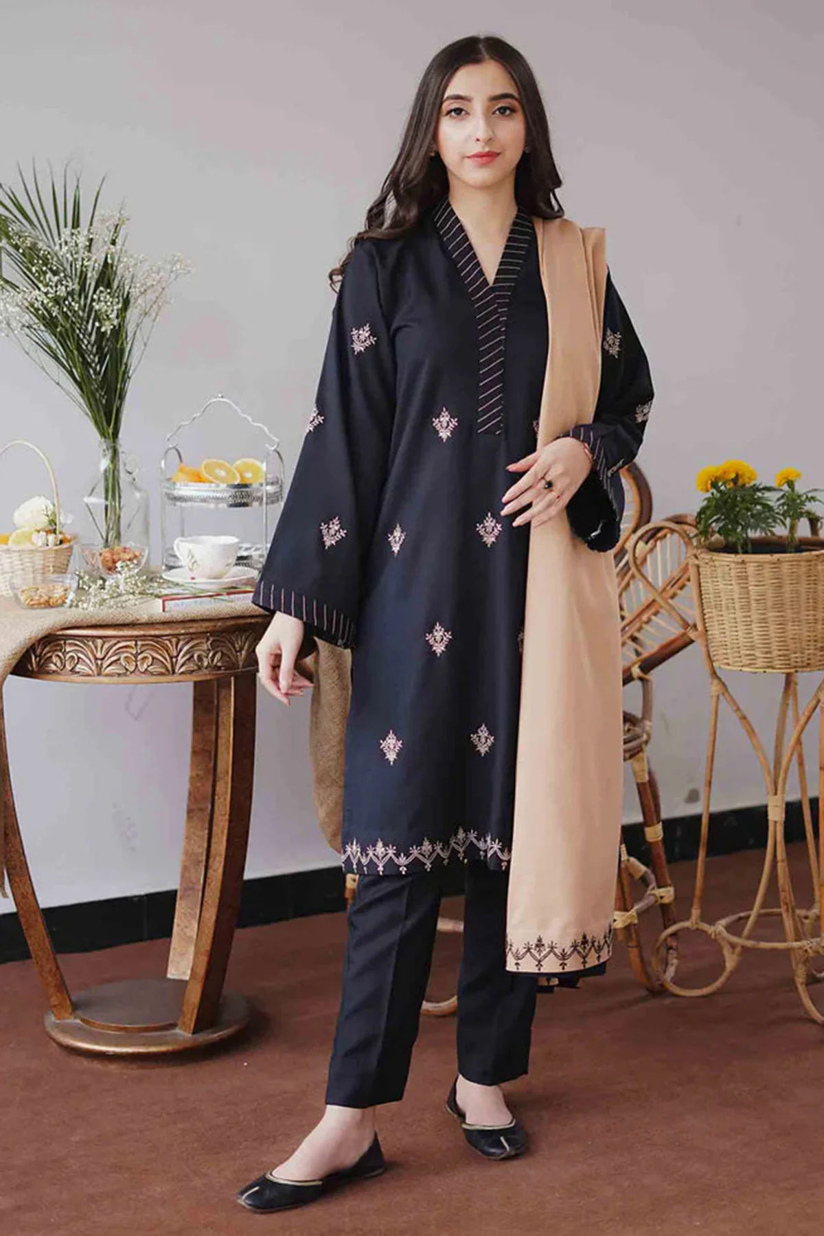 Aisling 3PC Embroidered Dhanak with Embroidered Dhanak Shawl - GA1760