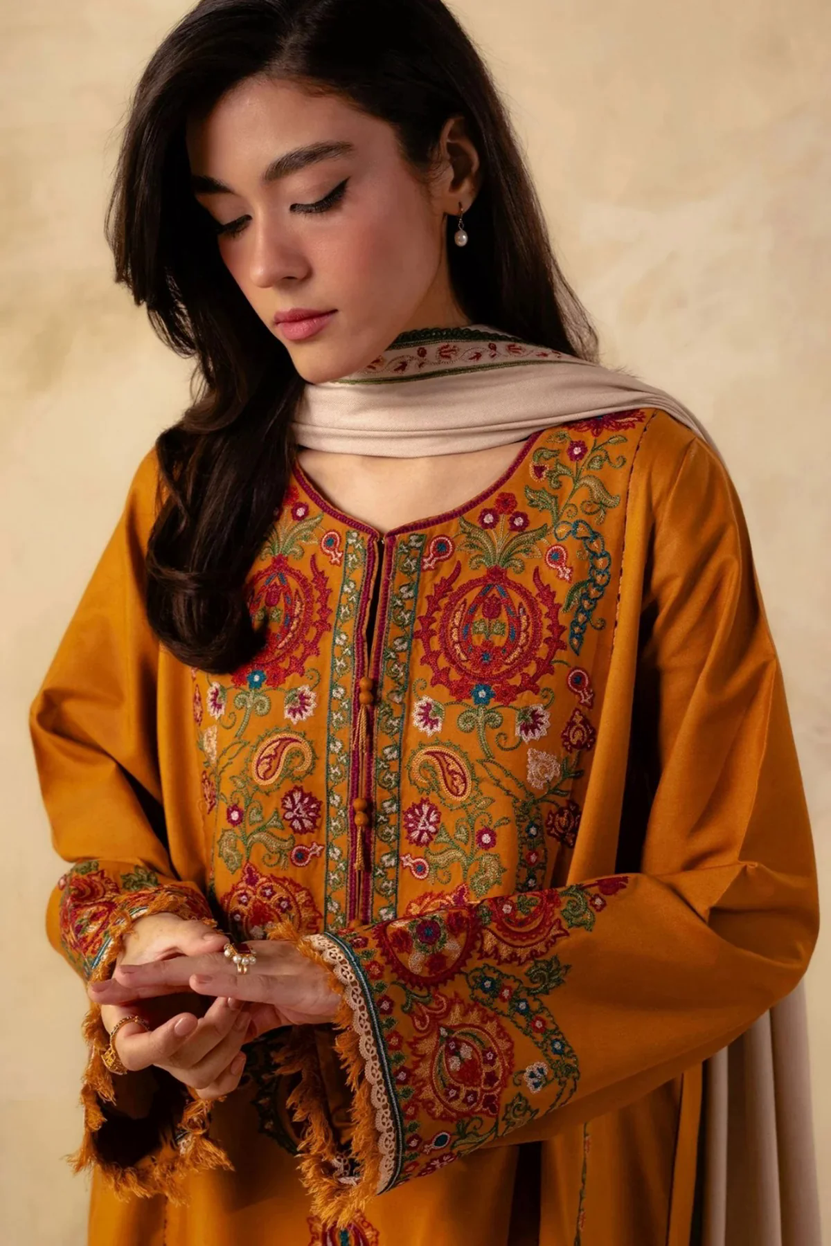 3PC Embroidered Dhanak with Dhanak Embroidered Shawl - GA1774 3PC Embroidered Dhanak with Dhanak Embroidered Shawl - GA1774