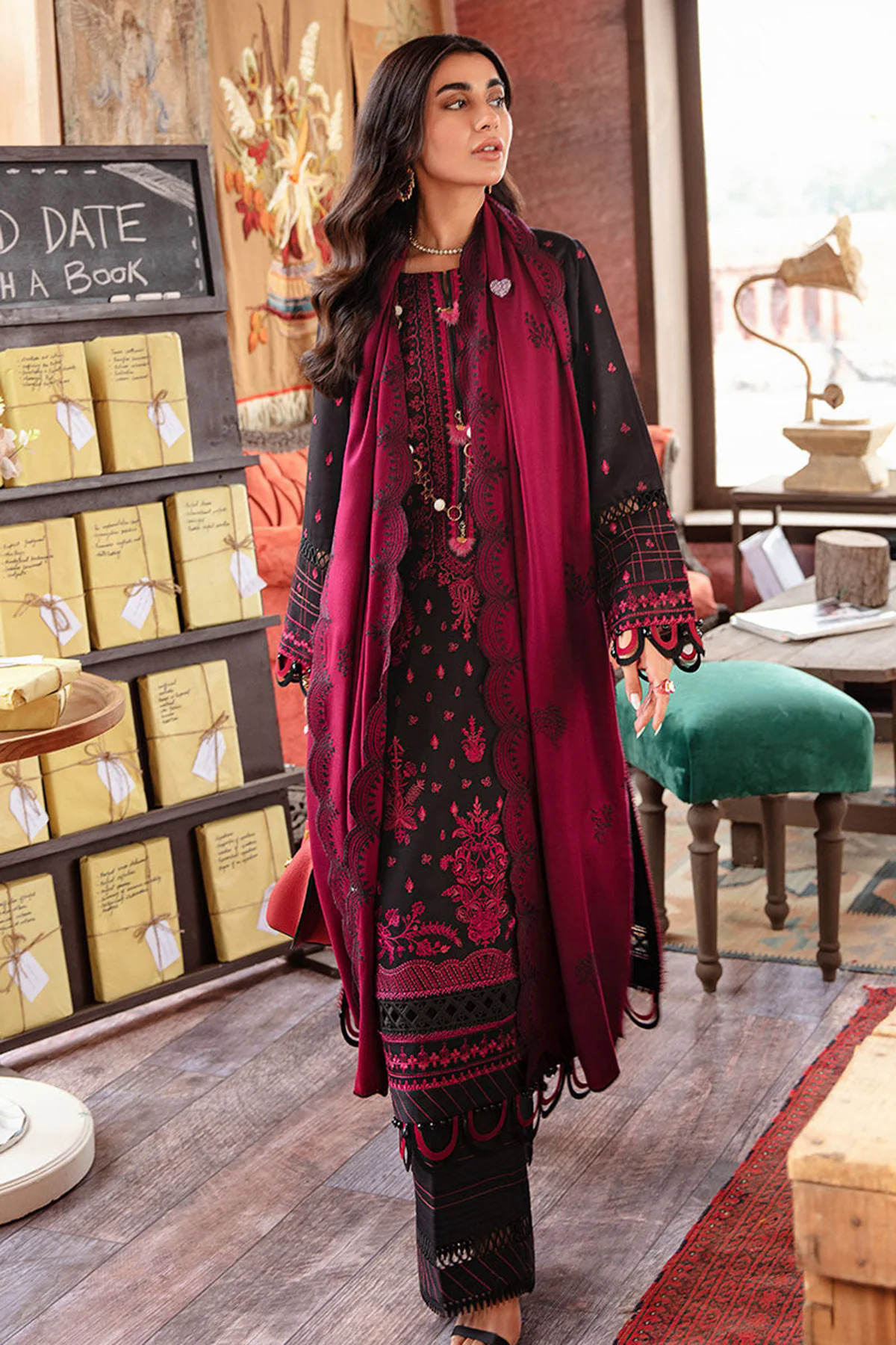 3PC Embroidered Dhanak with Embroidered Dhanak Shawl - GA1762