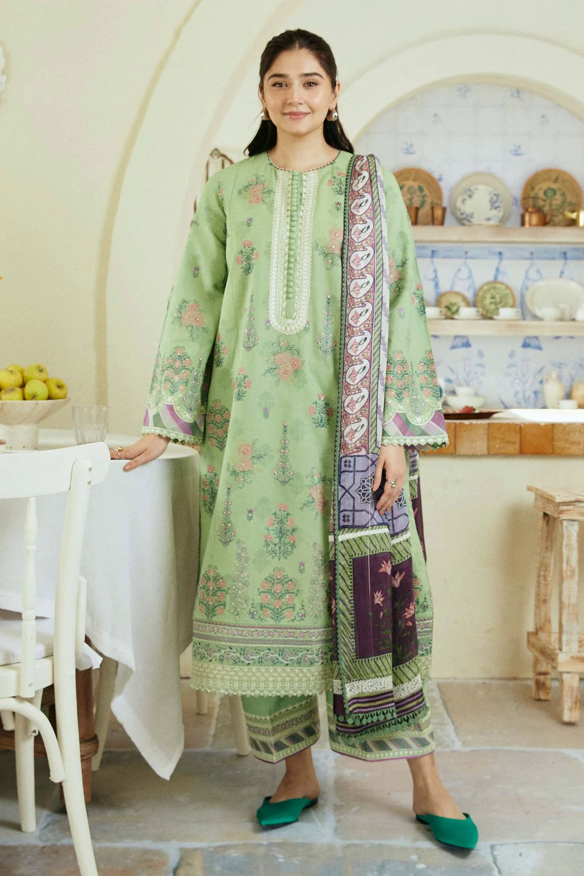 Embroidered Lawn 3pc with Silk Printed Chiffon Dupatta - GA1884