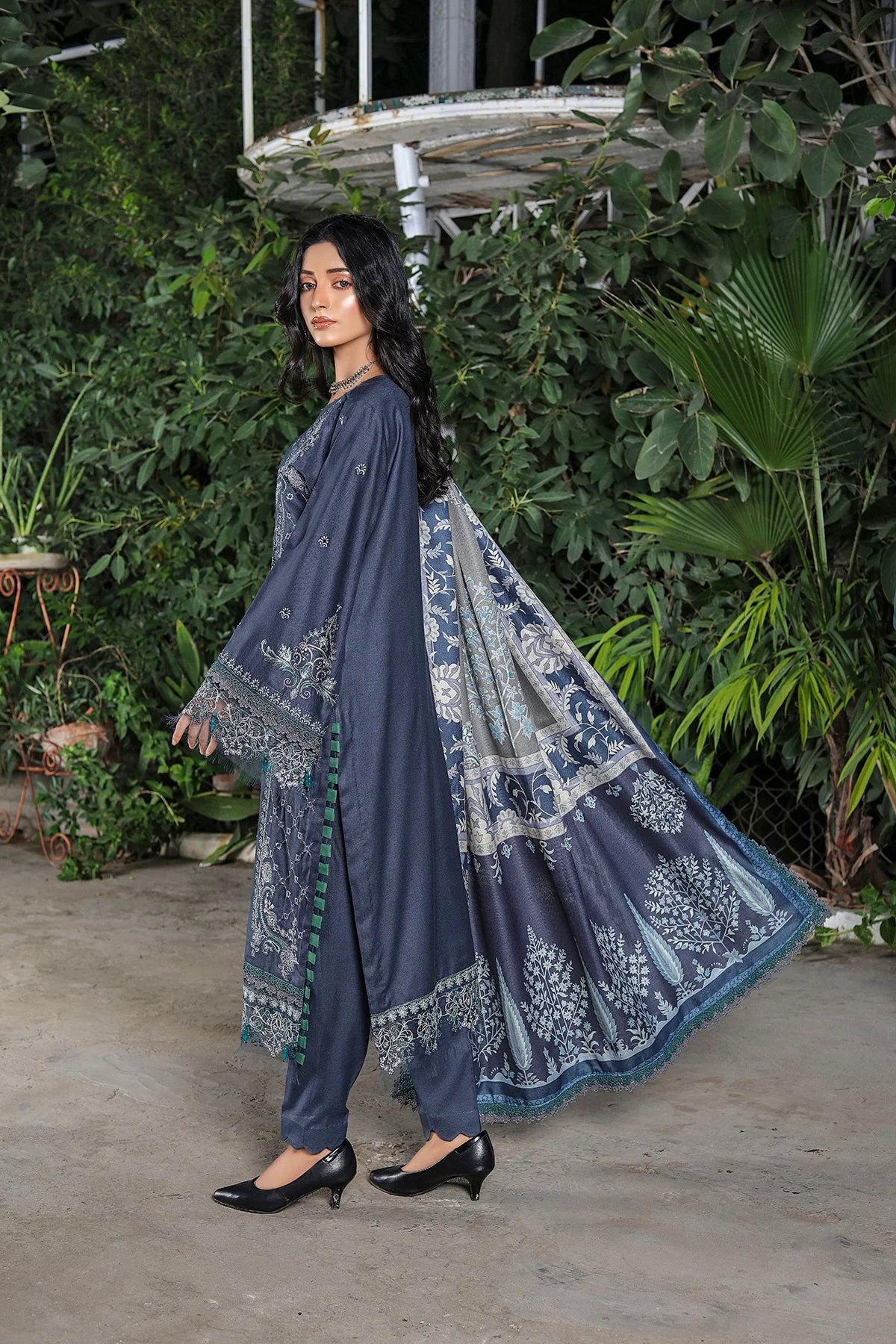 Samoan Embroidered Dhanak 3Pc With Printed Shawal -GA1926