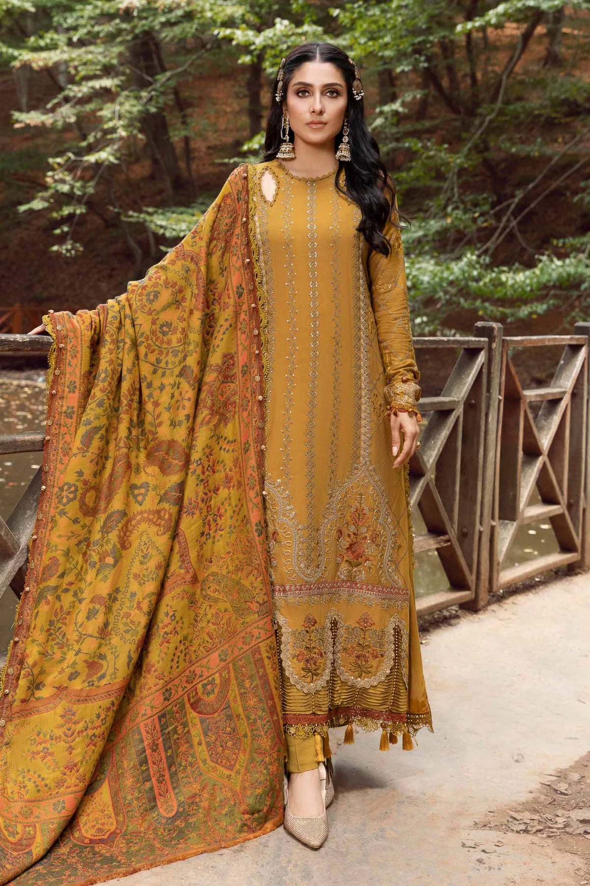 3PC Embroidered Dhanak with Printed Shawl - GA1798