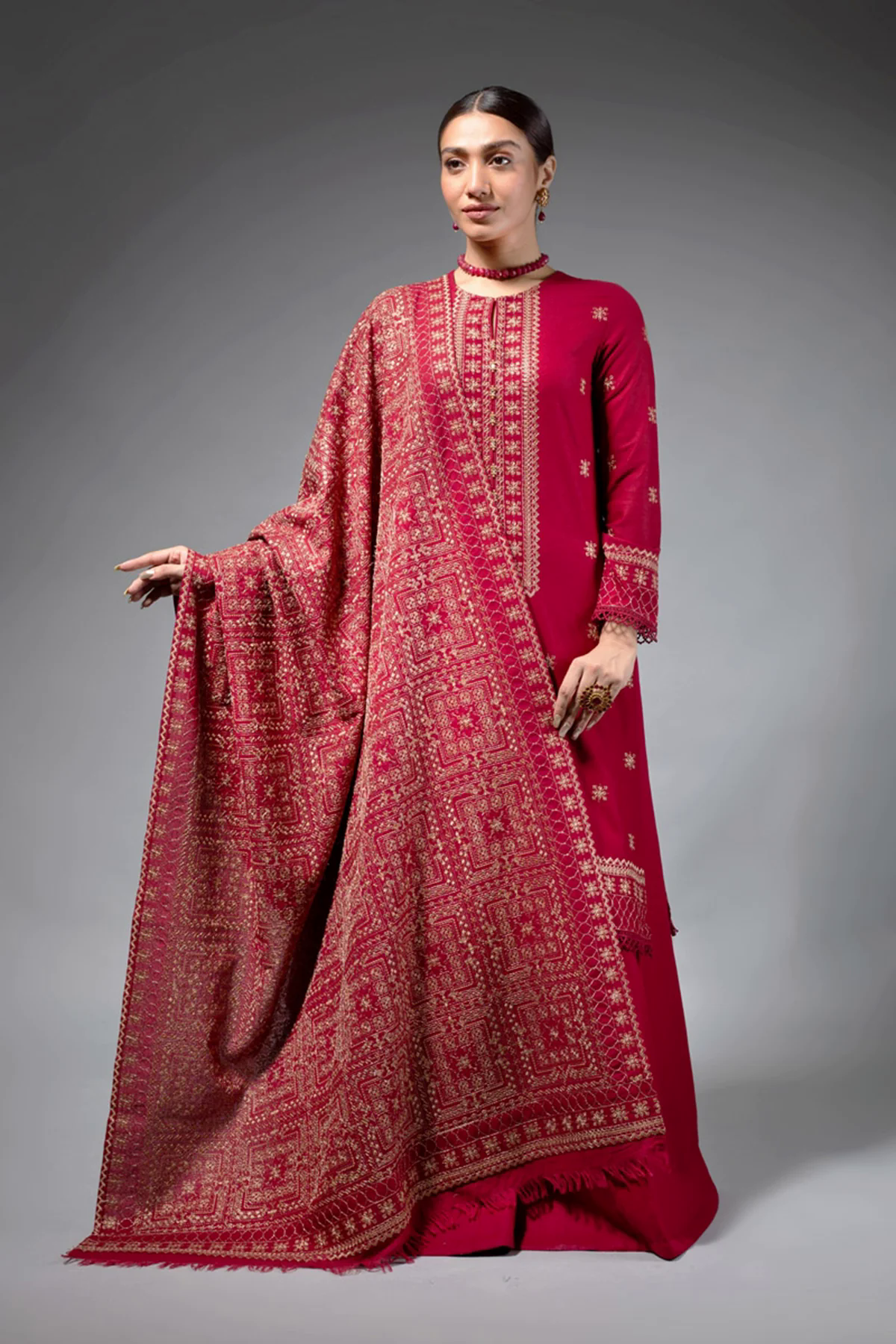 3PC Embroidered Dhanak with Embroidered Dhanak Shawl - GA1777