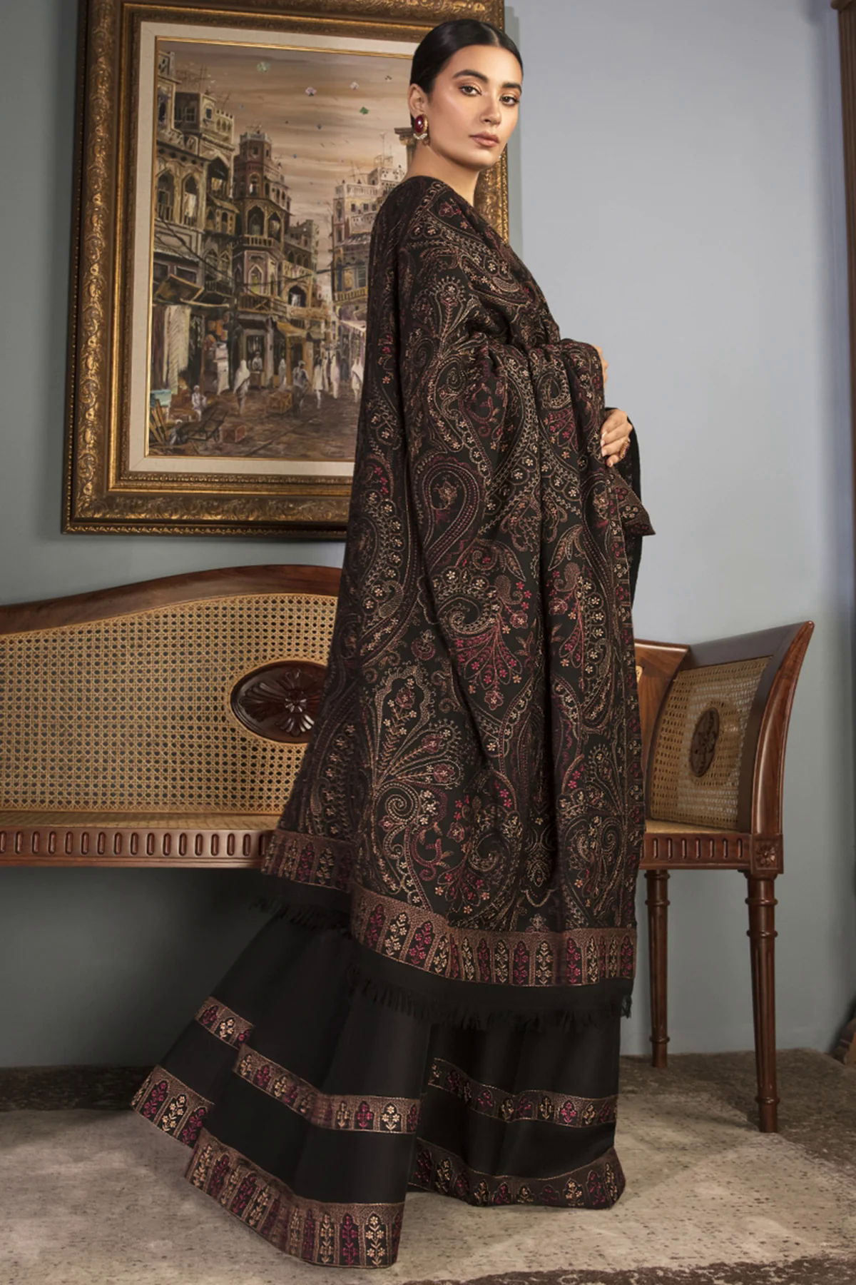 3PC Embroidered Dhanak with Embroidered Dhanak Shawl - GA1763 3PC Embroidered Dhanak with Embroidered Dhanak Shawl - GA1763