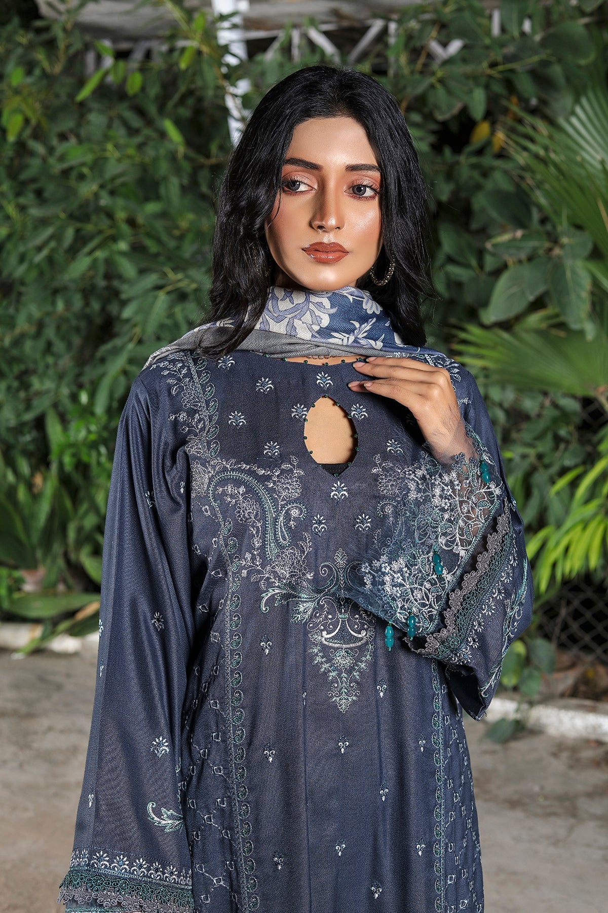Samoan Embroidered Dhanak 3Pc With Printed Shawal -GA1926