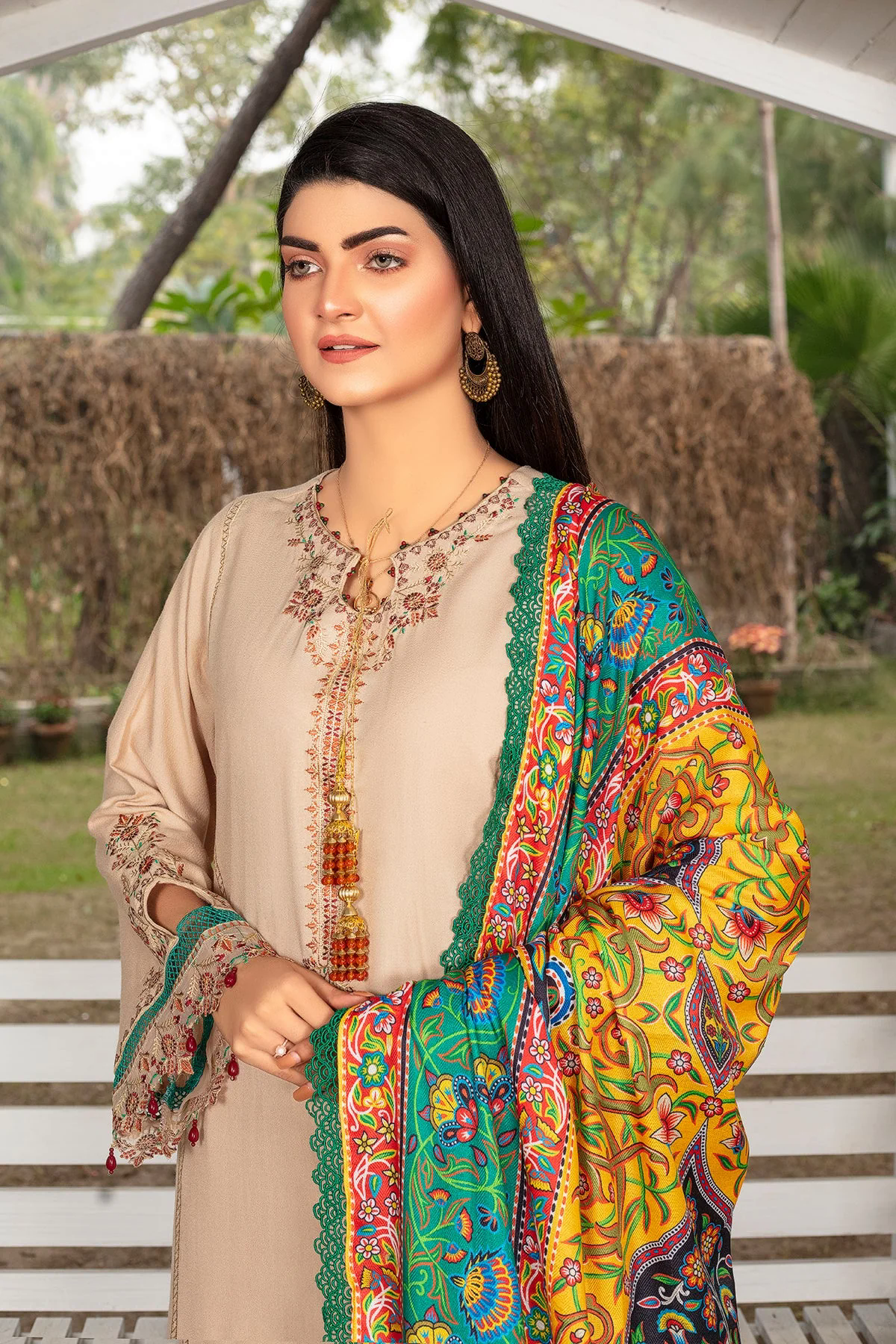 Farsiris Luxury Embroidered Dhanak 3pc With Printed Whool Shawal-GA1933