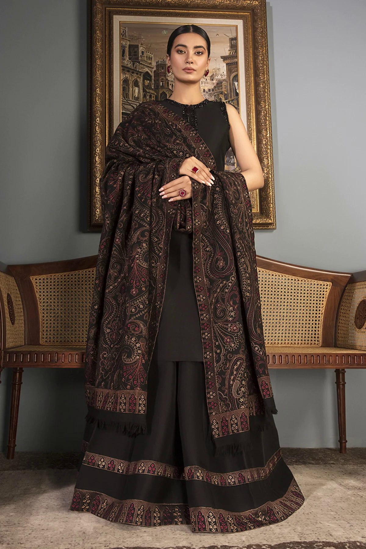 3PC Embroidered Dhanak with Embroidered Dhanak Shawl - GA1763 3PC Embroidered Dhanak with Embroidered Dhanak Shawl - GA1763