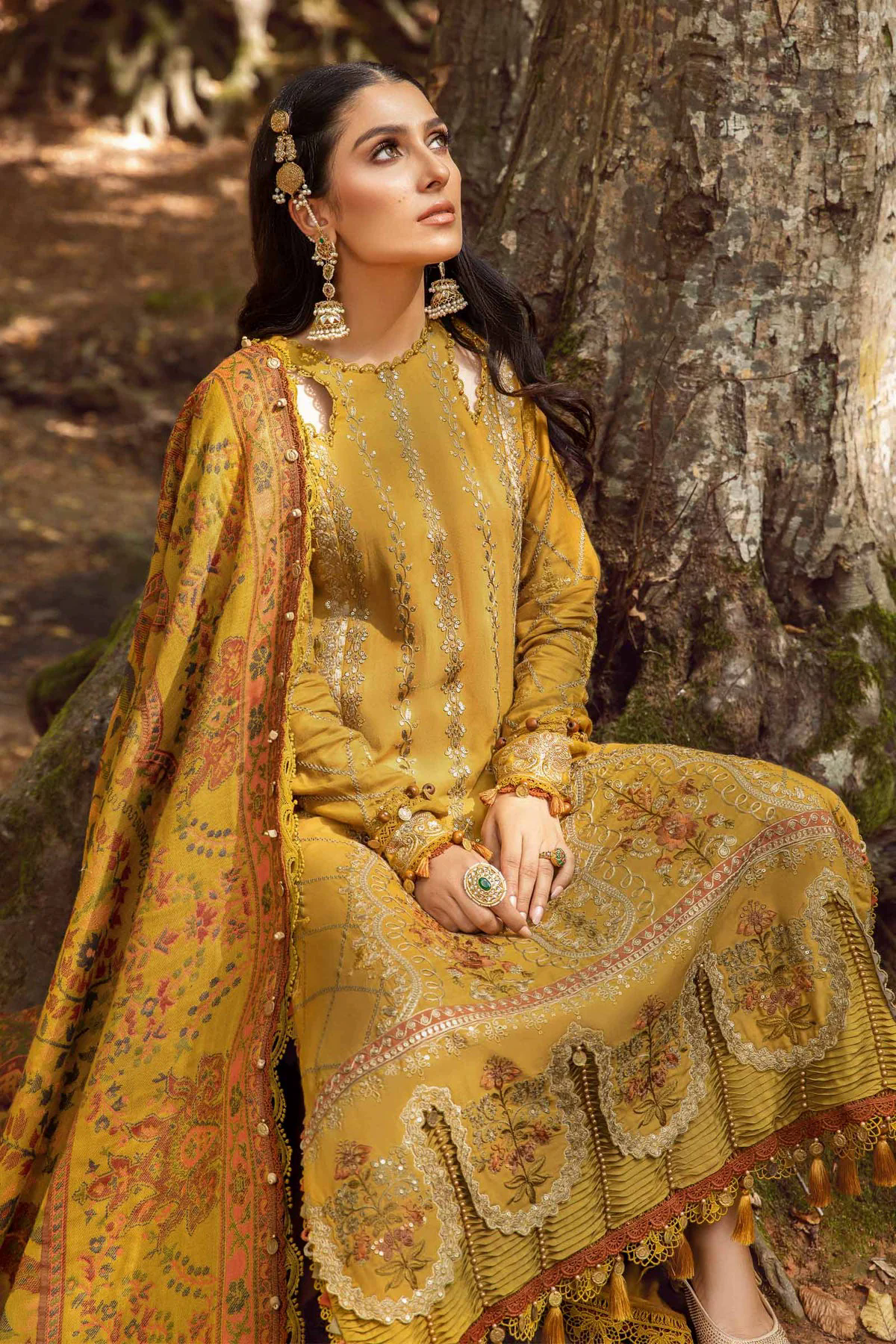 3PC Embroidered Dhanak with Printed Shawl - GA1798