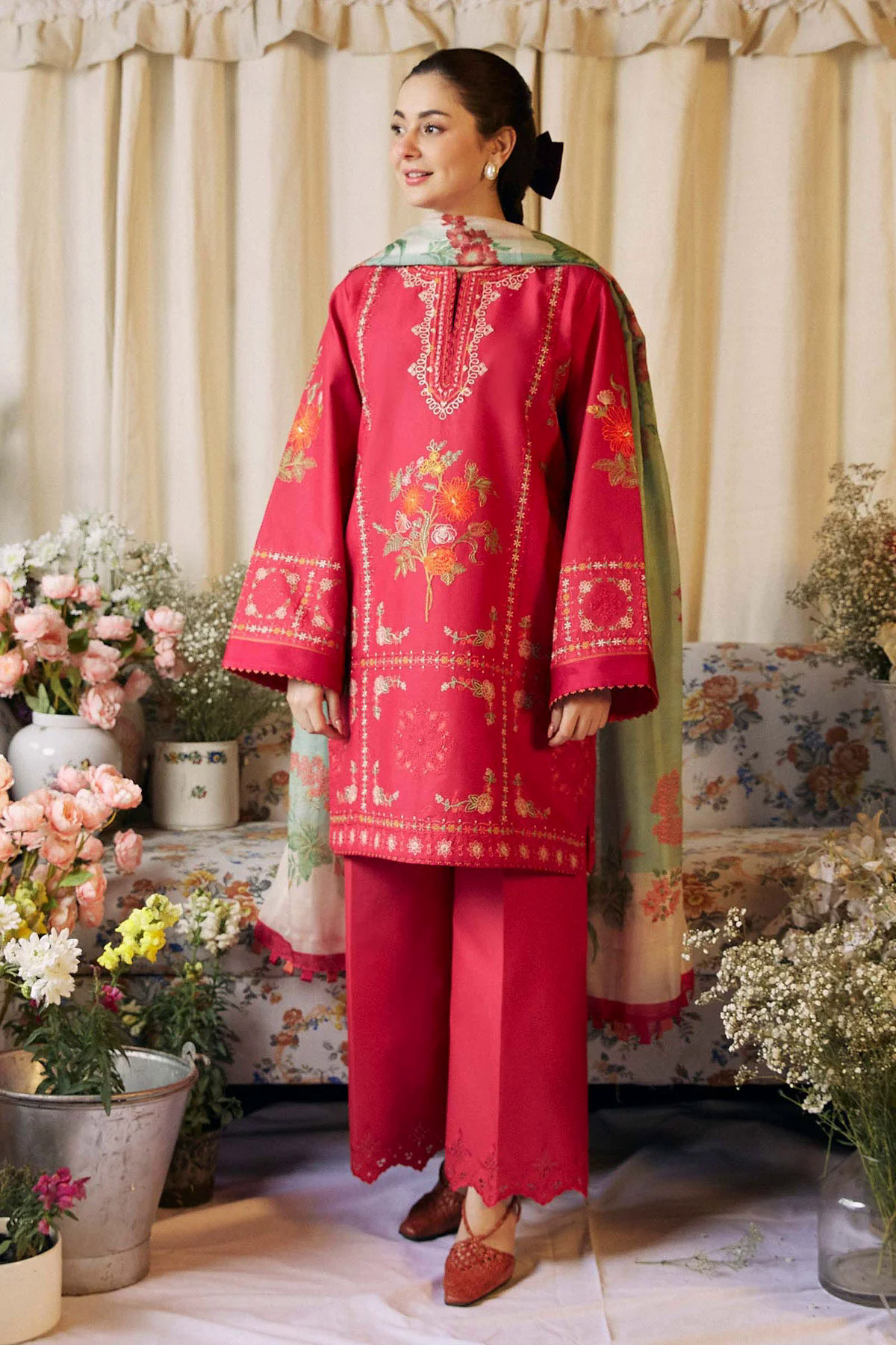 Embroidered Lawn 3pc with Printed Slub Net Dupatta- GA1904
