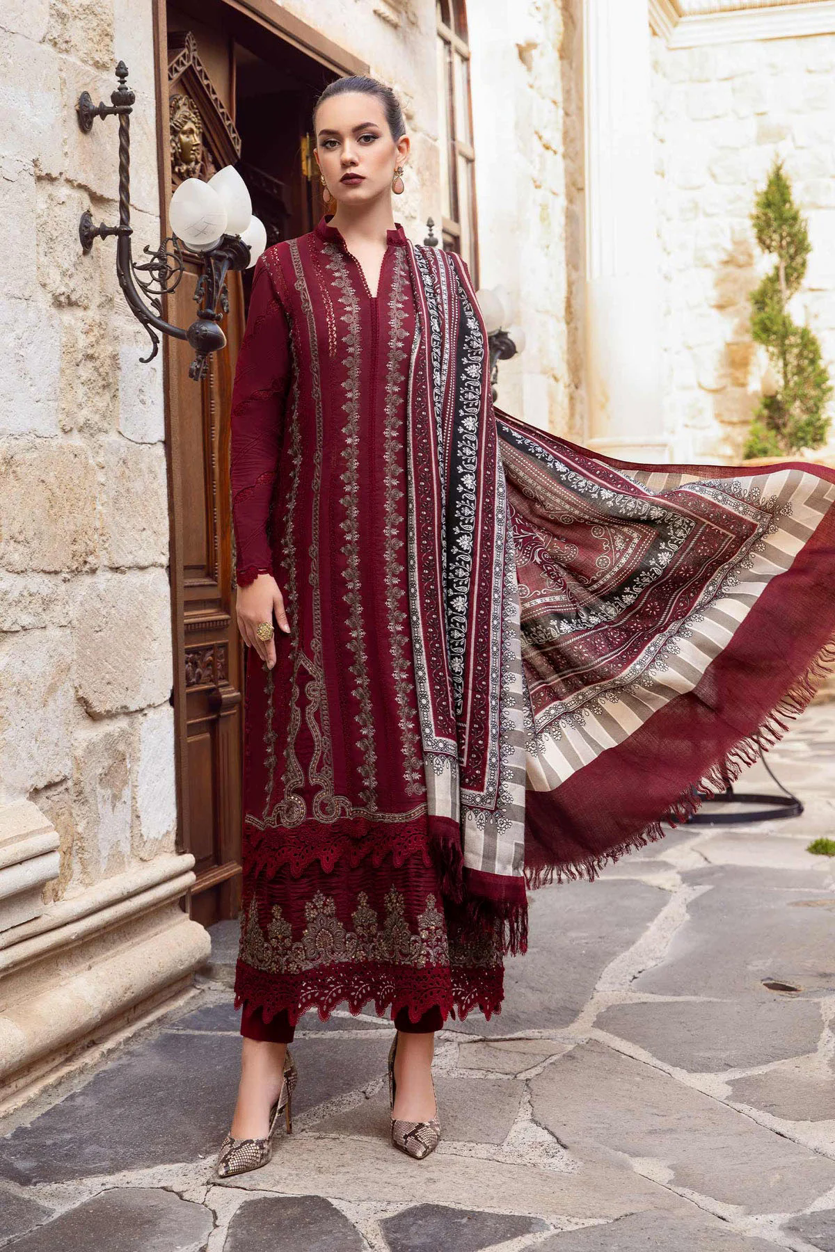Embroidered Dhanak 3pc with Whool Shawal- GA1980