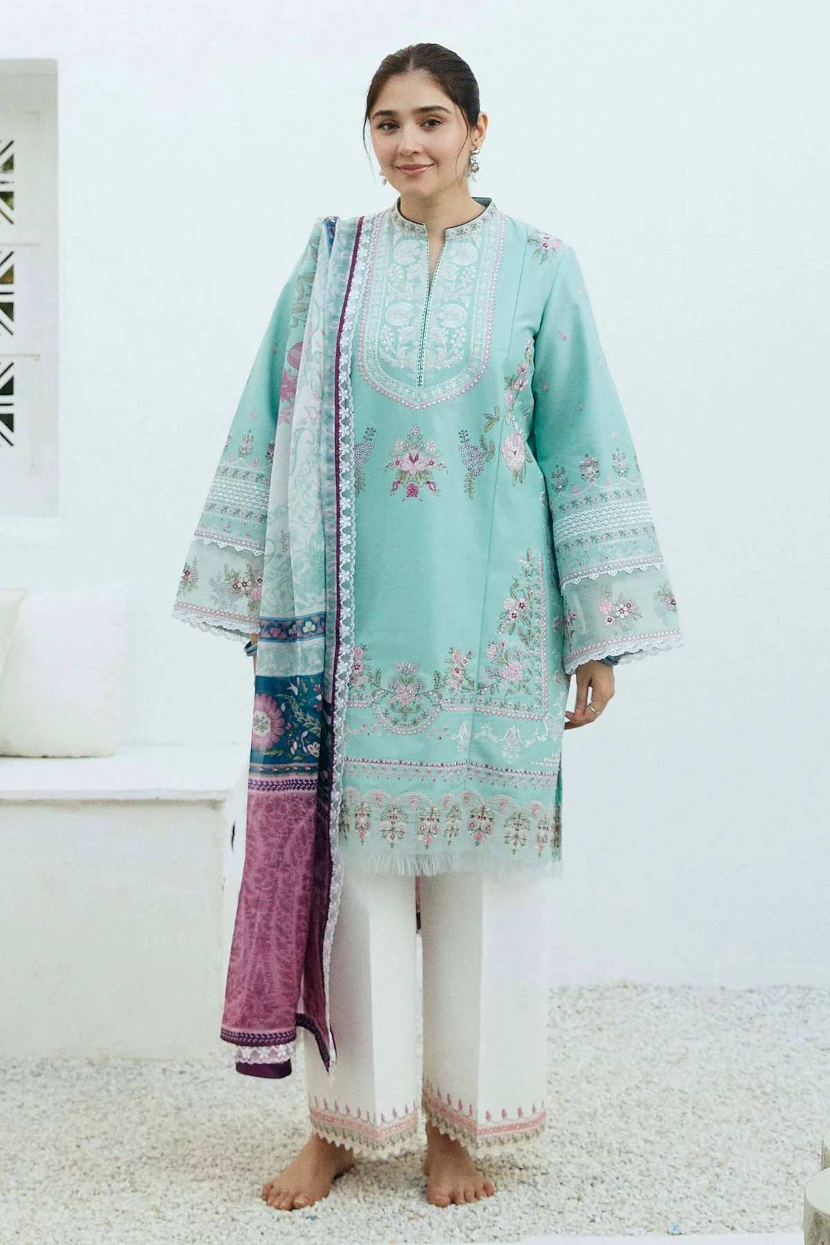 Embroidered Lawn 3pc with Silk Printed Chiffon Dupatta - GA1887