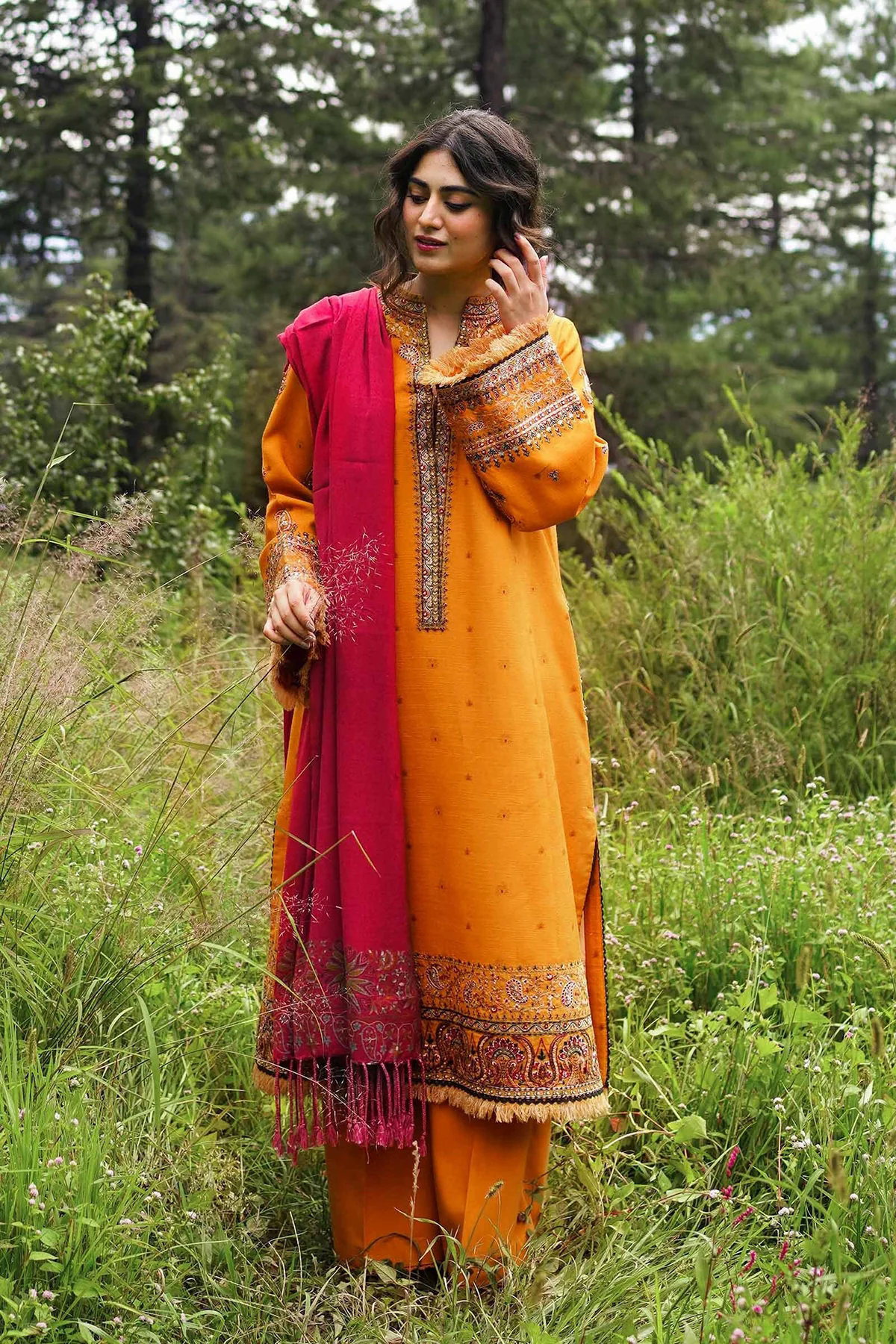 3PC Embroidered Linen with Printed Shawl - GA1755