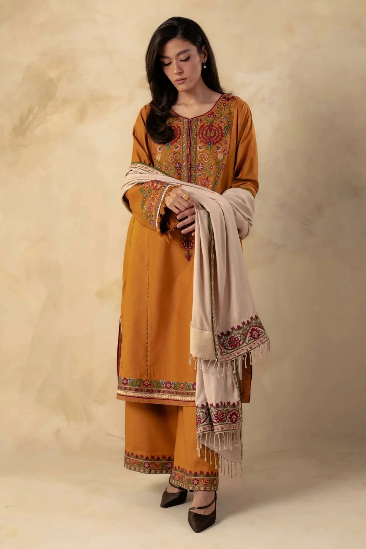 3PC Embroidered Dhanak with Dhanak Embroidered Shawl - GA1774