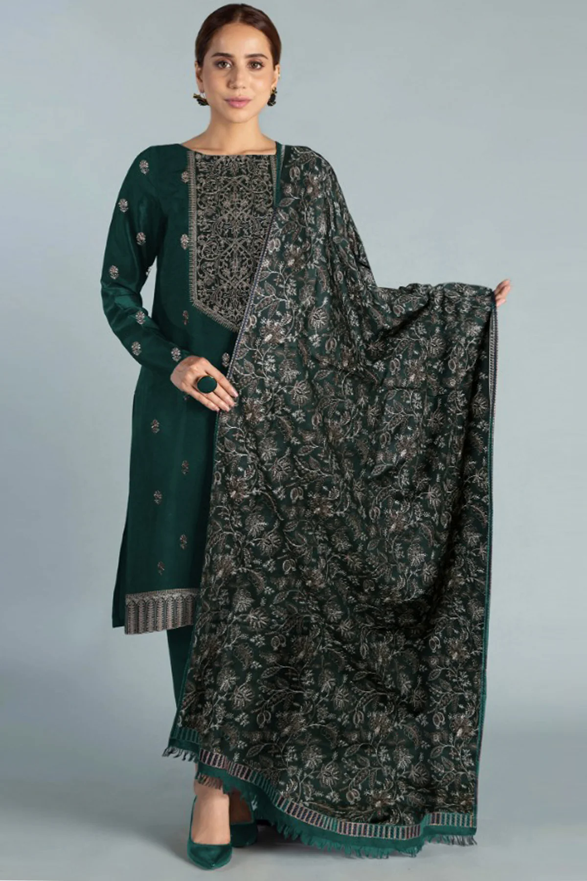 3PC Embroidered Dhanak Suit with Heavy Embroidered Shawal -GA102127
