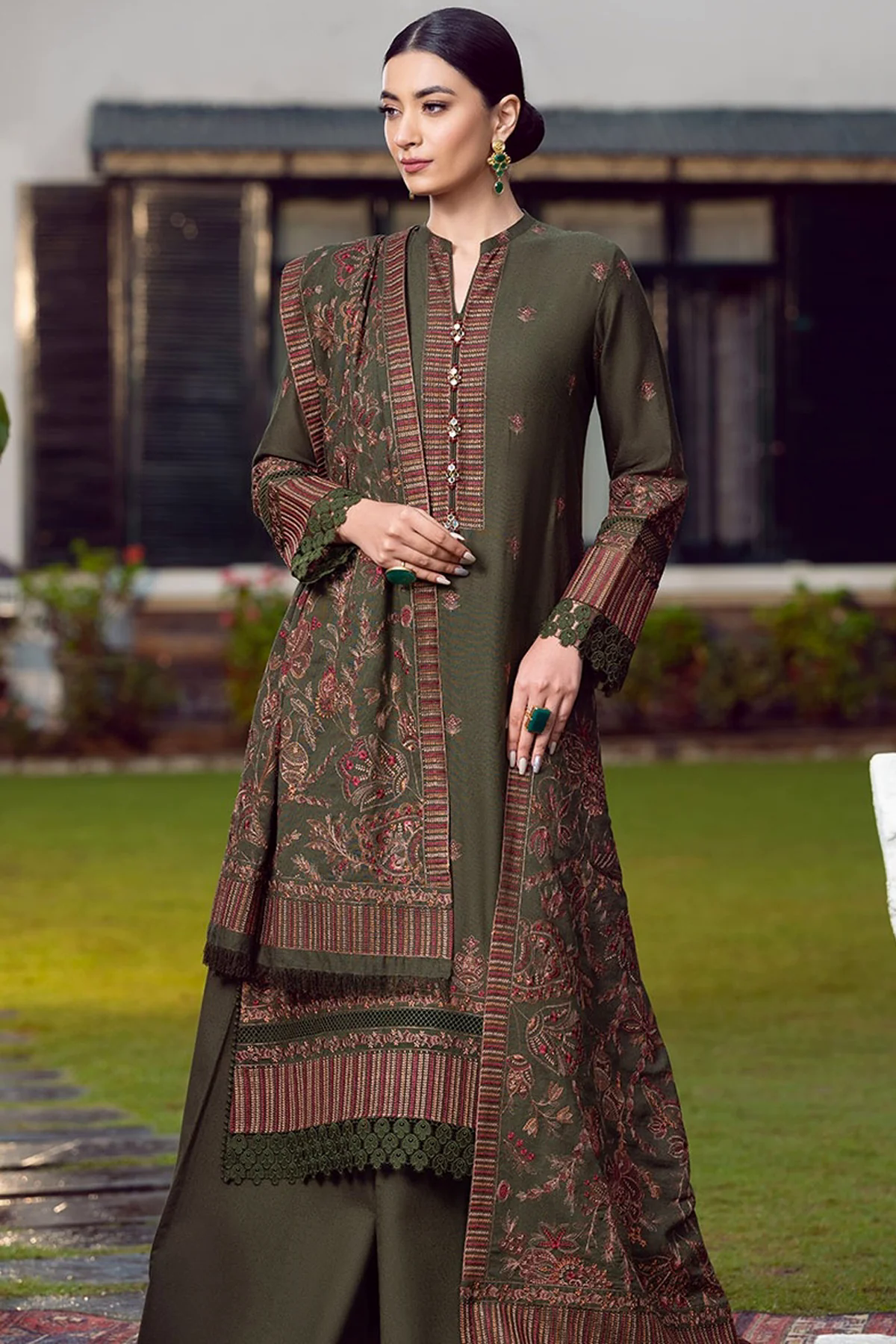 3PC Embroidered Dhanak Suit with Heavy Embroidered Shawal -GA102169