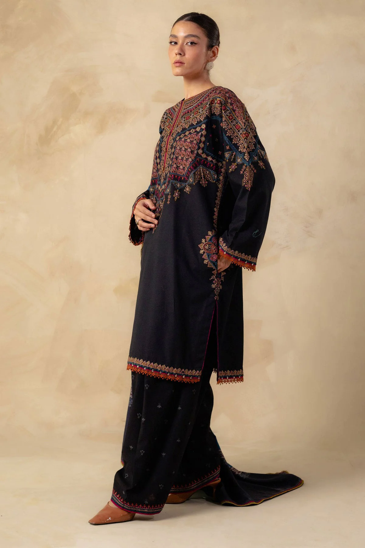 3PC Embroidered Dhanak with Printed Shawl - GA1783
