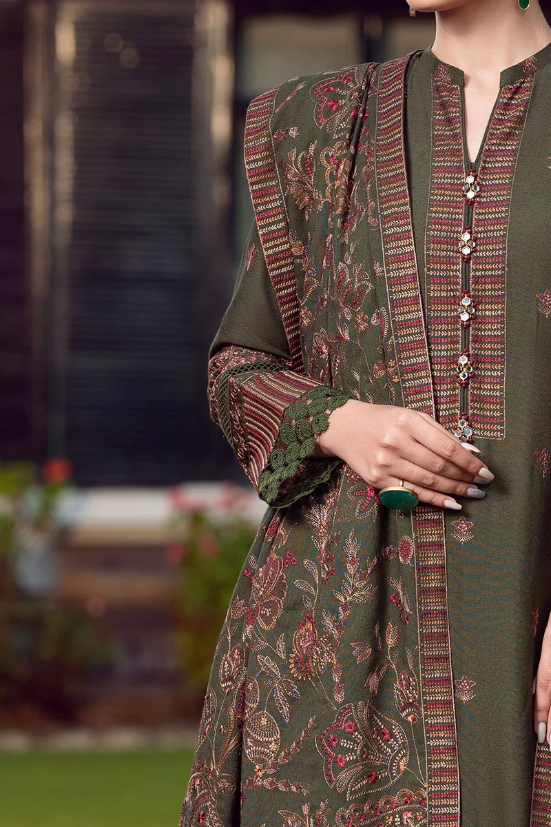 3PC Embroidered Dhanak Suit with Heavy Embroidered Shawal -GA102169