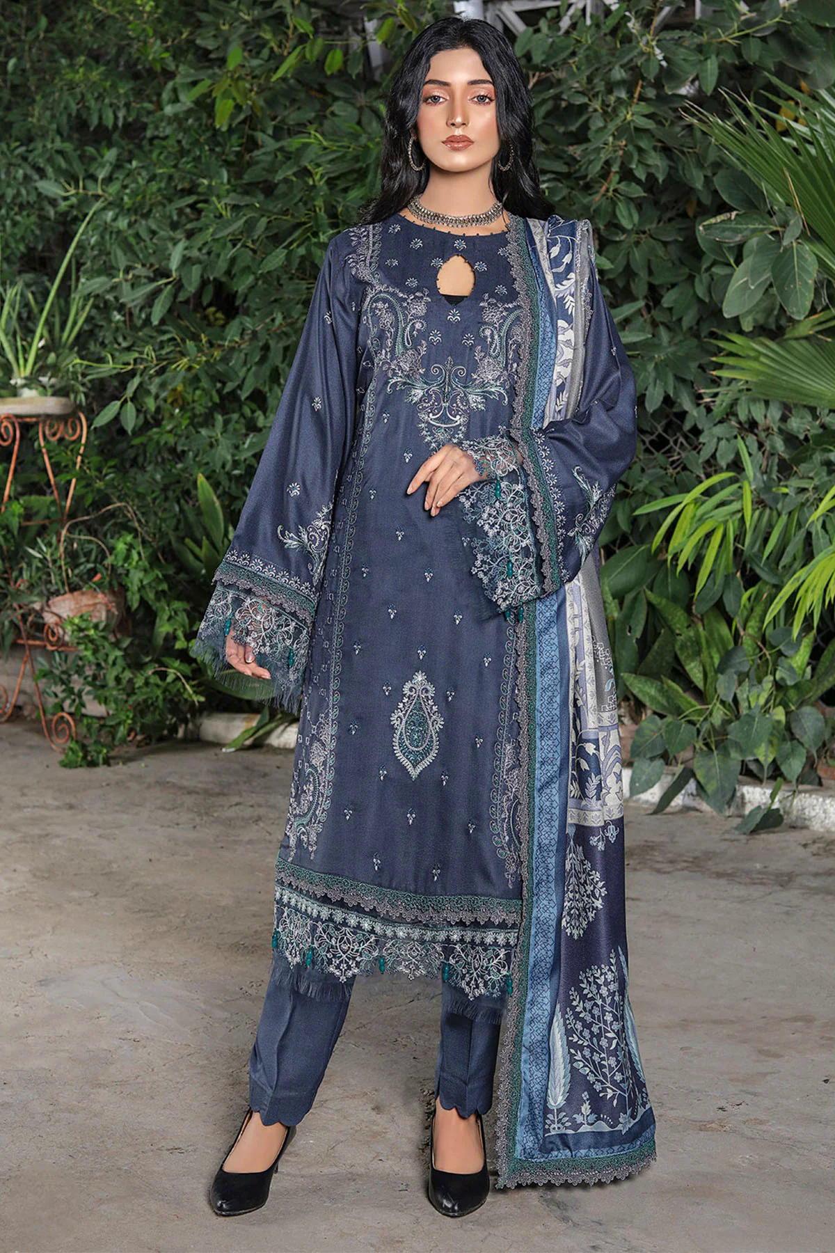 Samoan Embroidered Dhanak 3Pc With Printed Shawal -GA1926