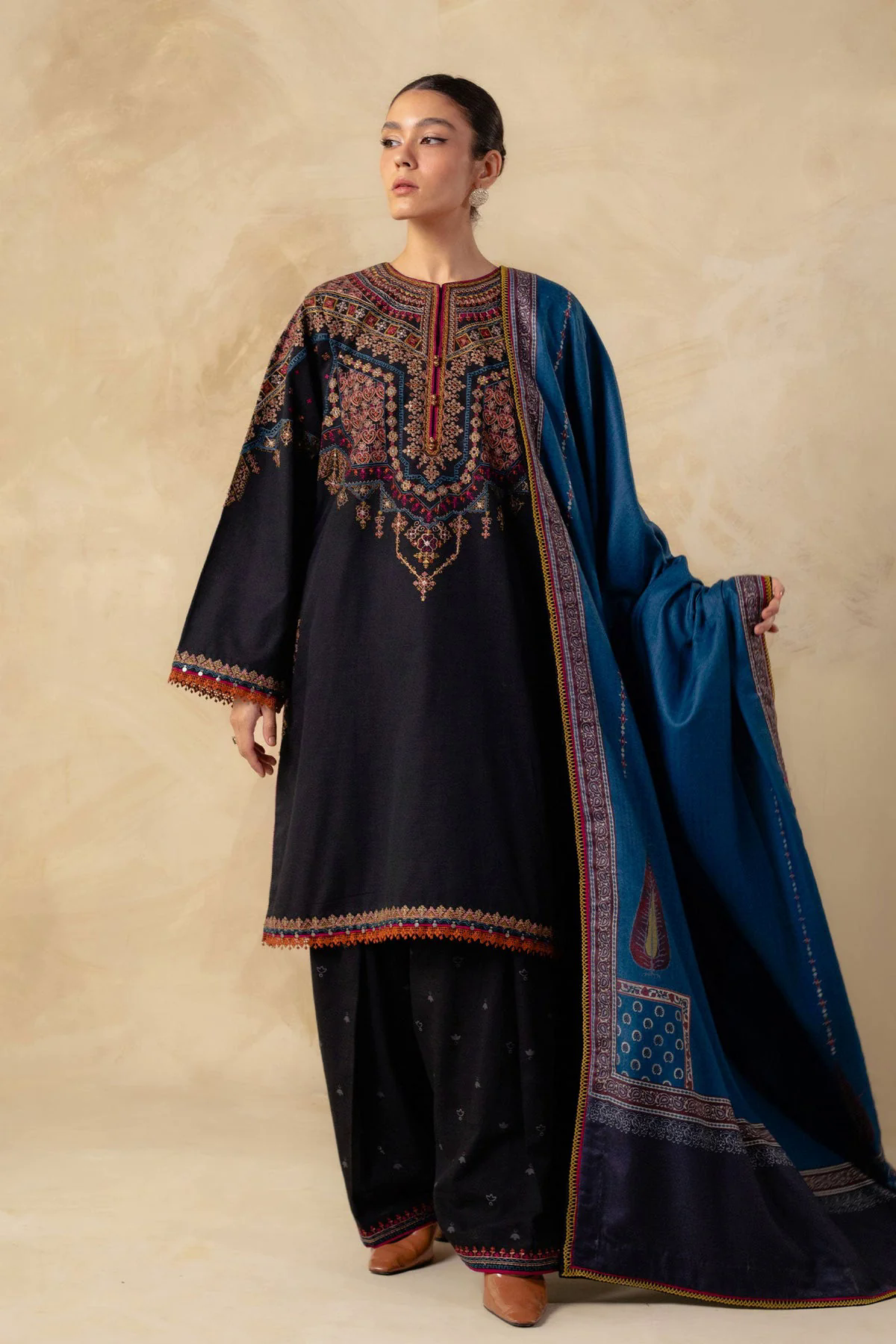 3PC Embroidered Dhanak with Printed Shawl - GA1783