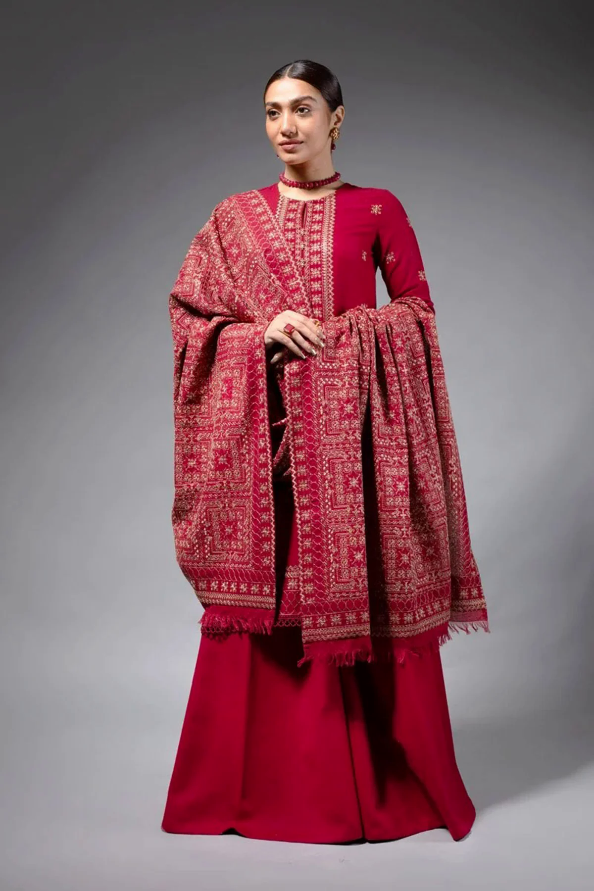 3PC Embroidered Dhanak with Embroidered Dhanak Shawl - GA1777 3PC Embroidered Dhanak with Embroidered Dhanak Shawl - GA1777