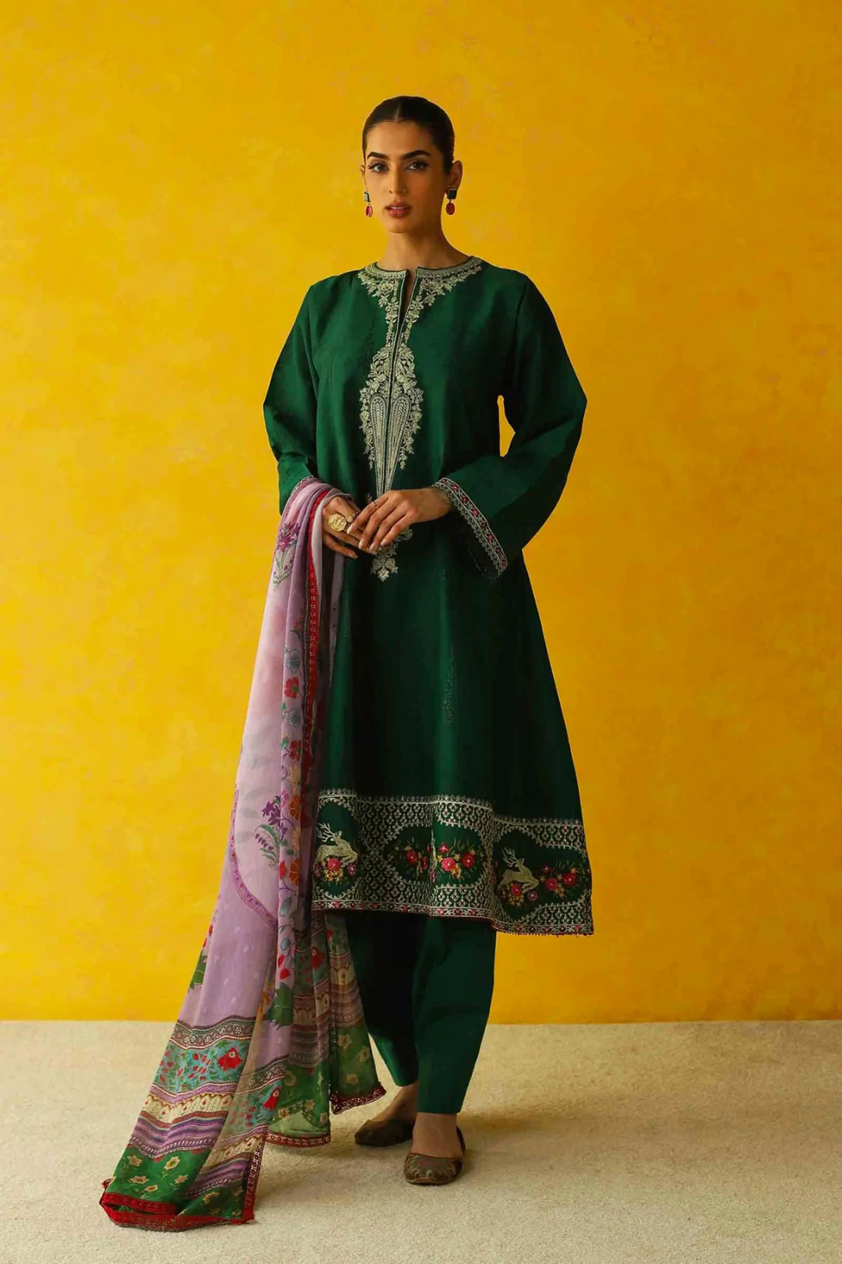 3PC Embroidered Dhanak with Whool Shawl - GA1764