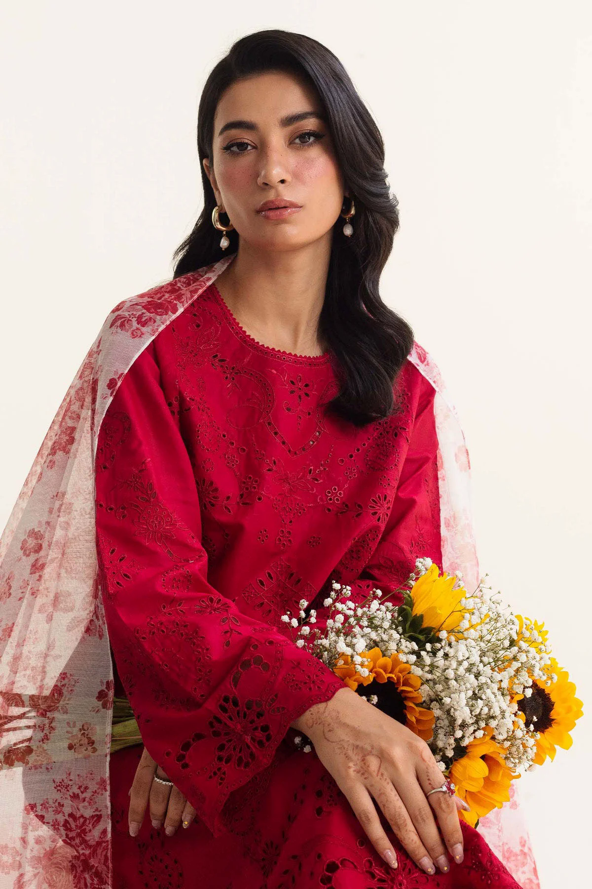 Embroidered Lawn 3pc with Printed Slub Net Dupatta- GA1898