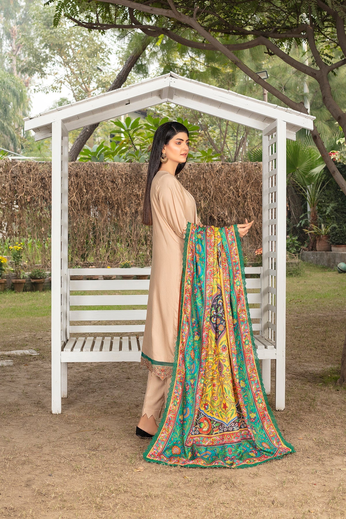Farsiris Luxury Embroidered Dhanak 3pc With Printed Whool Shawal-GA1933