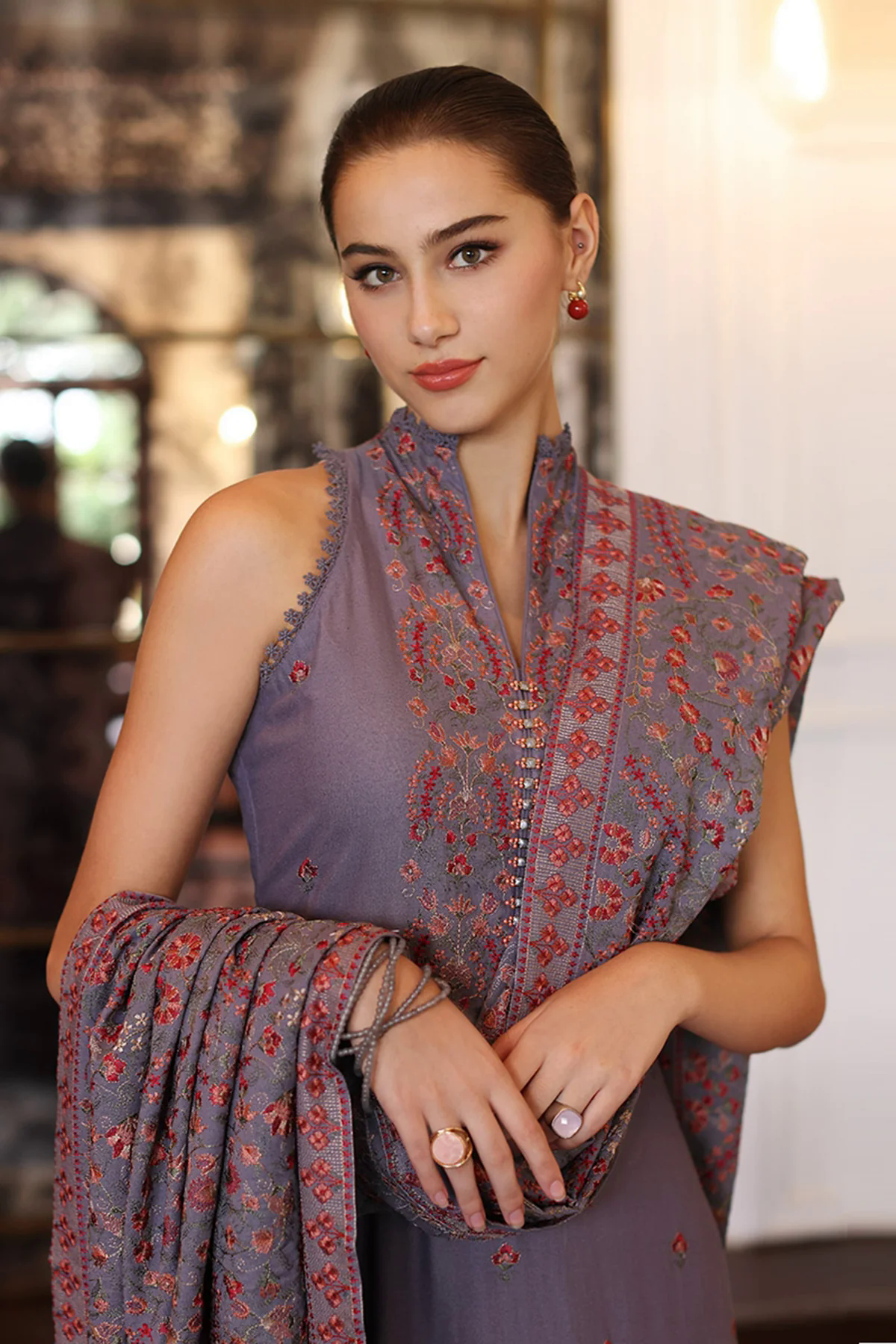 3PC Embroidered Dhanak with Embroidered Dhanak Shawl - GA1778