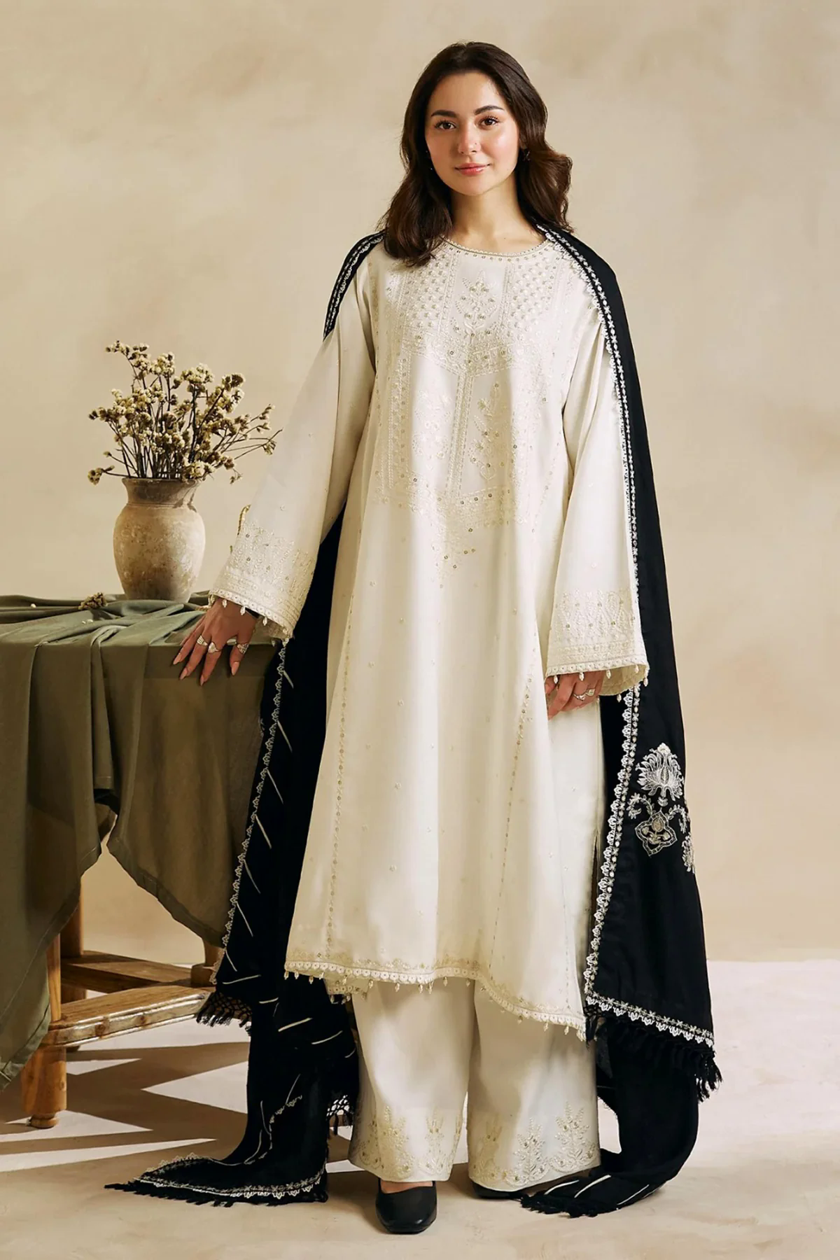 3PC Embroidered Dhanak with Embroidered Shawl - GA1791