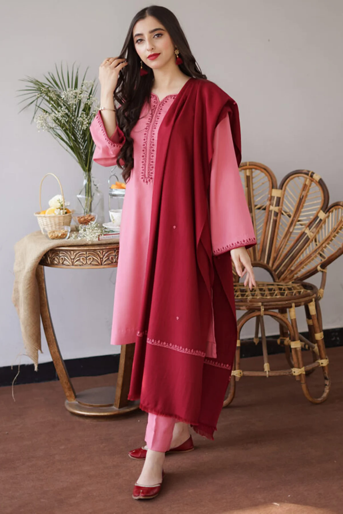 Aisling Baby Pink 3PC Embroidered Dhanak with Embroidered Dhanak Shawl - GA1767