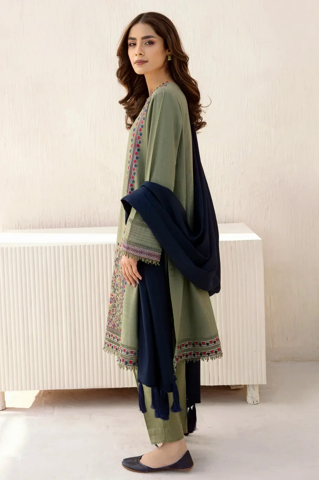 3PC Embroidered Dhanak with  Shawl - GA1796