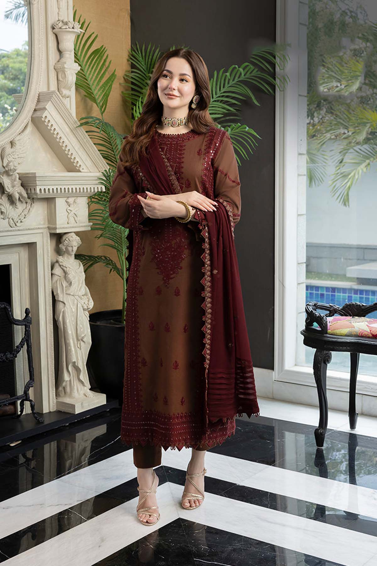 Embroidered Lawn 3pc with  Embroidered Chiffon Dupatta- GA1823