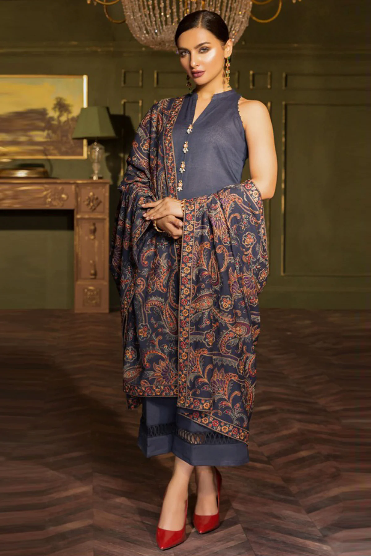 3PC Embroidered Dhanak Suit with Heavy Embroidered Shawal -GA102135