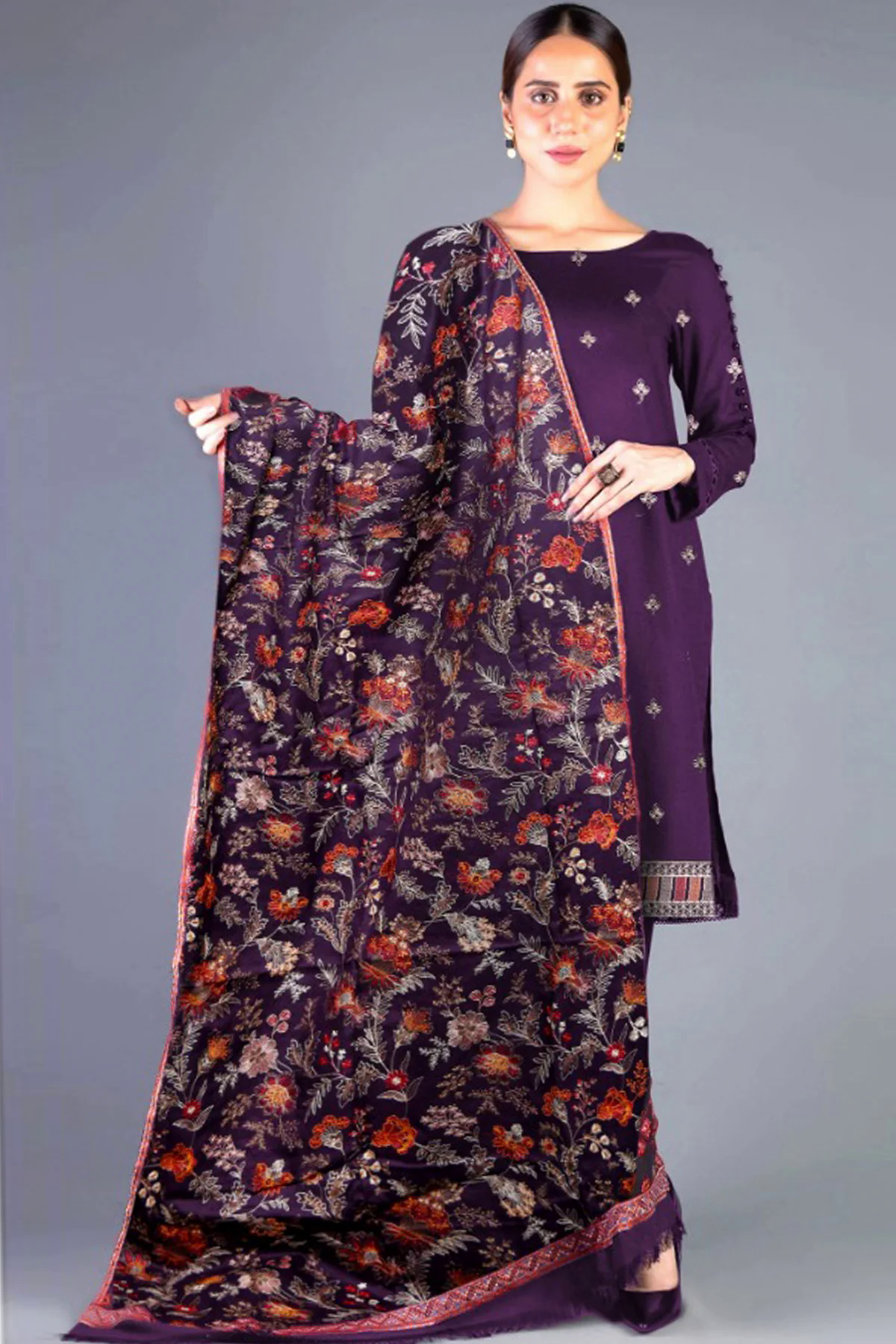 3PC Embroidered Dhanak Suit with Heavy Embroidered Shawal -GA102129