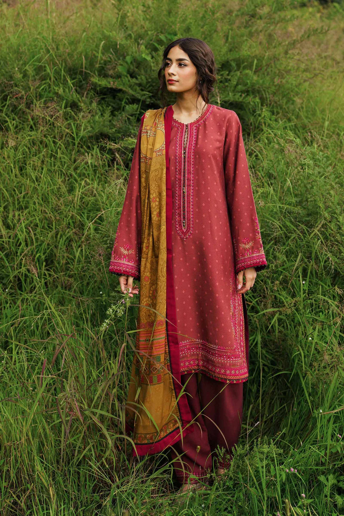 3PC Embroidered Linen with Embroidered Whool Shawl - GA1757