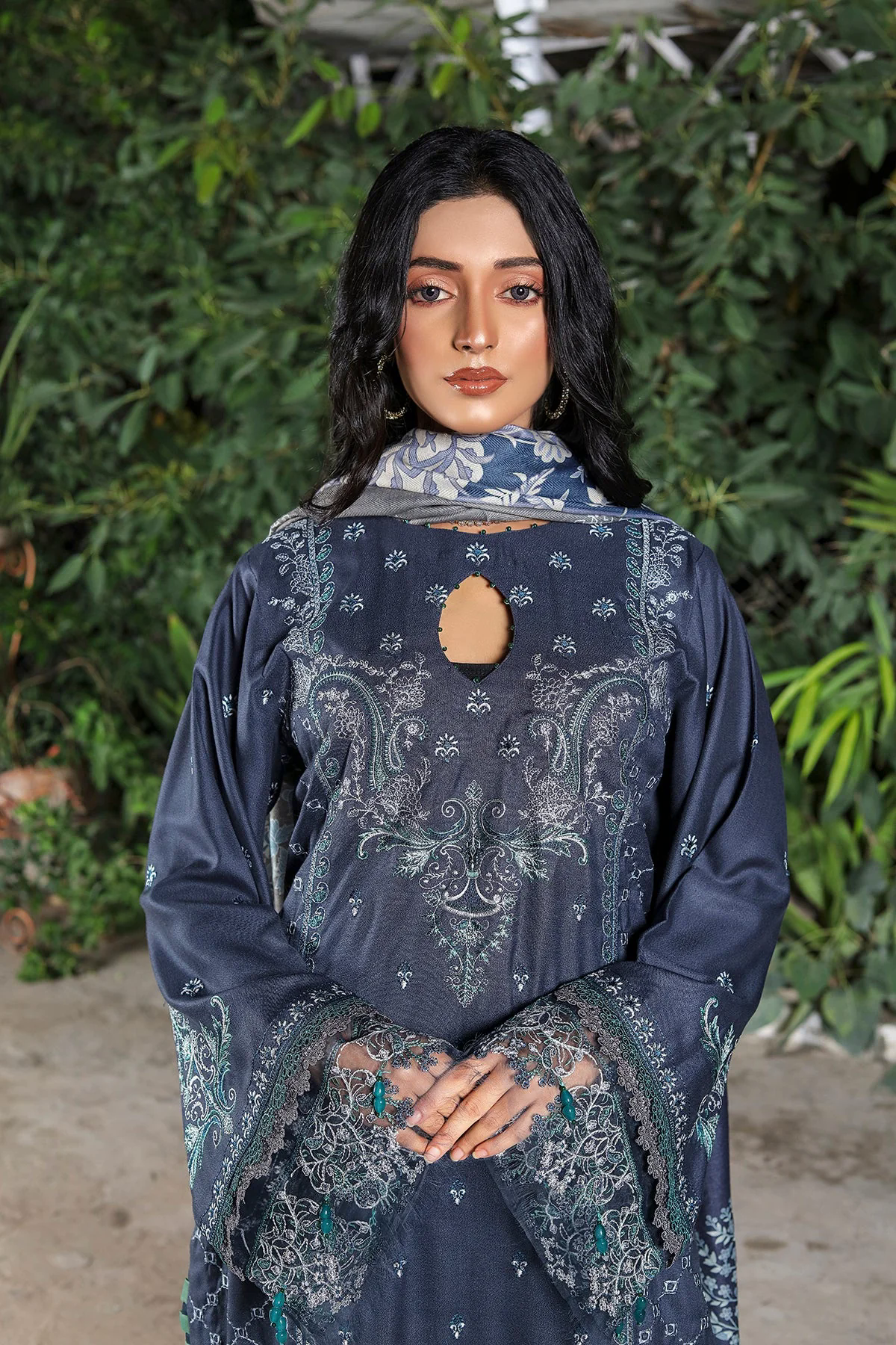 Samoan Embroidered Dhanak 3Pc With Printed Shawal -GA1926