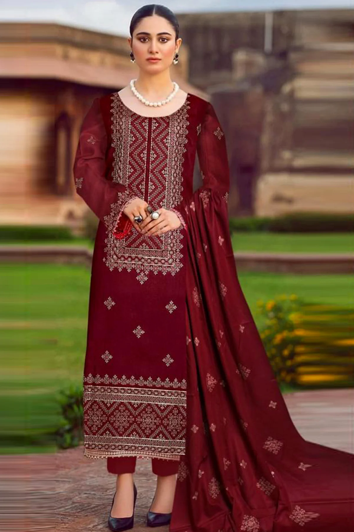 3PC Embroidered karandi Suit with Embroidered chiffon dupata -GA102175