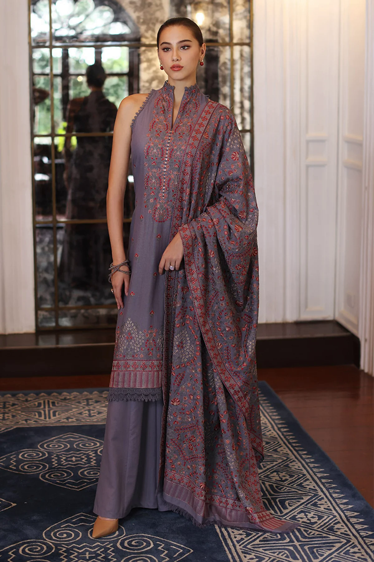 3PC Embroidered Dhanak with Embroidered Dhanak Shawl - GA1778
