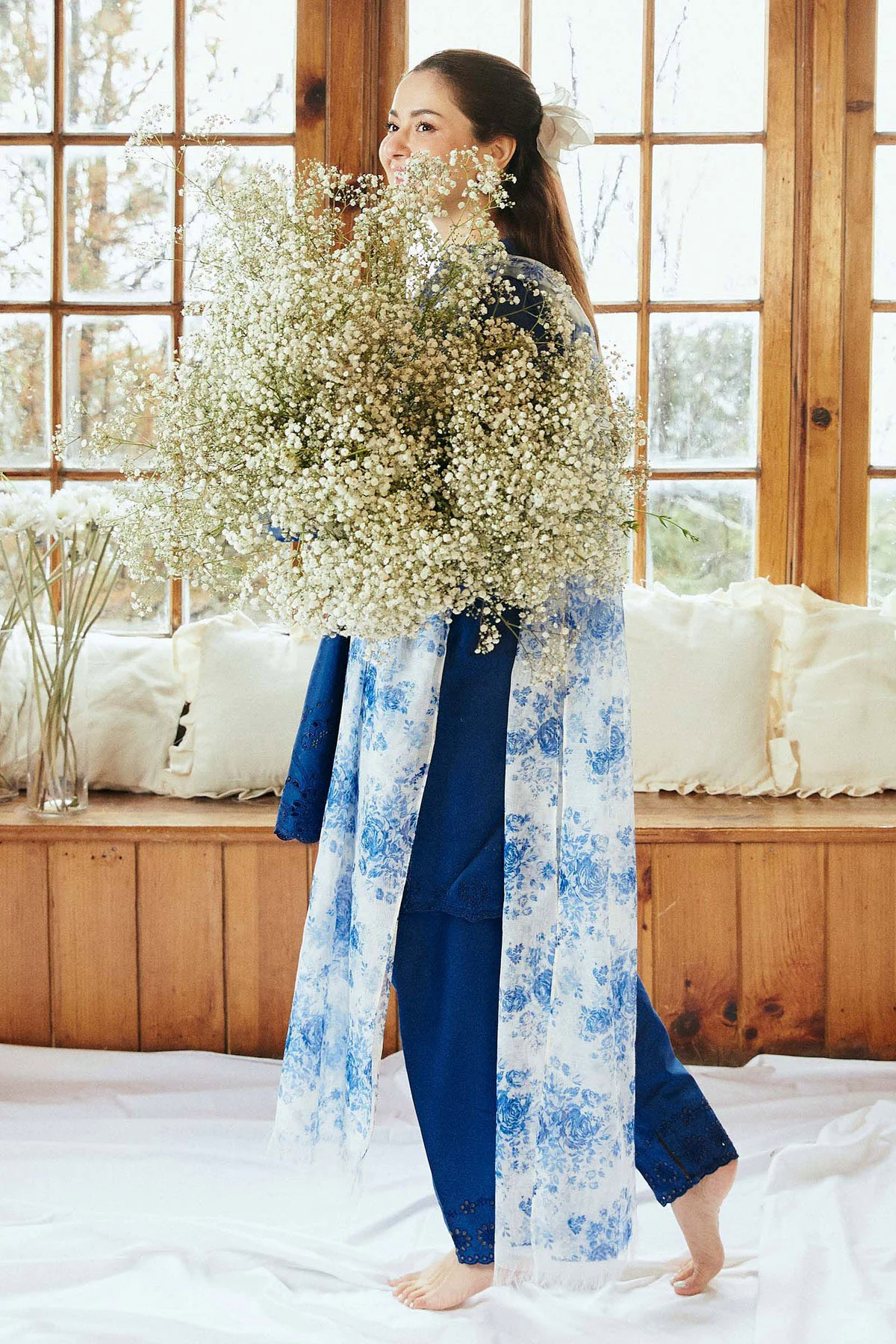 Embroidered Lawn 3pc with Printed Slub Net Dupatta- GA1897